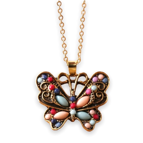 Vintage Jewelry - Vintage Multi-Turquoise Butterfly Gold Over Sterling Silver 4.00 ctw Necklace